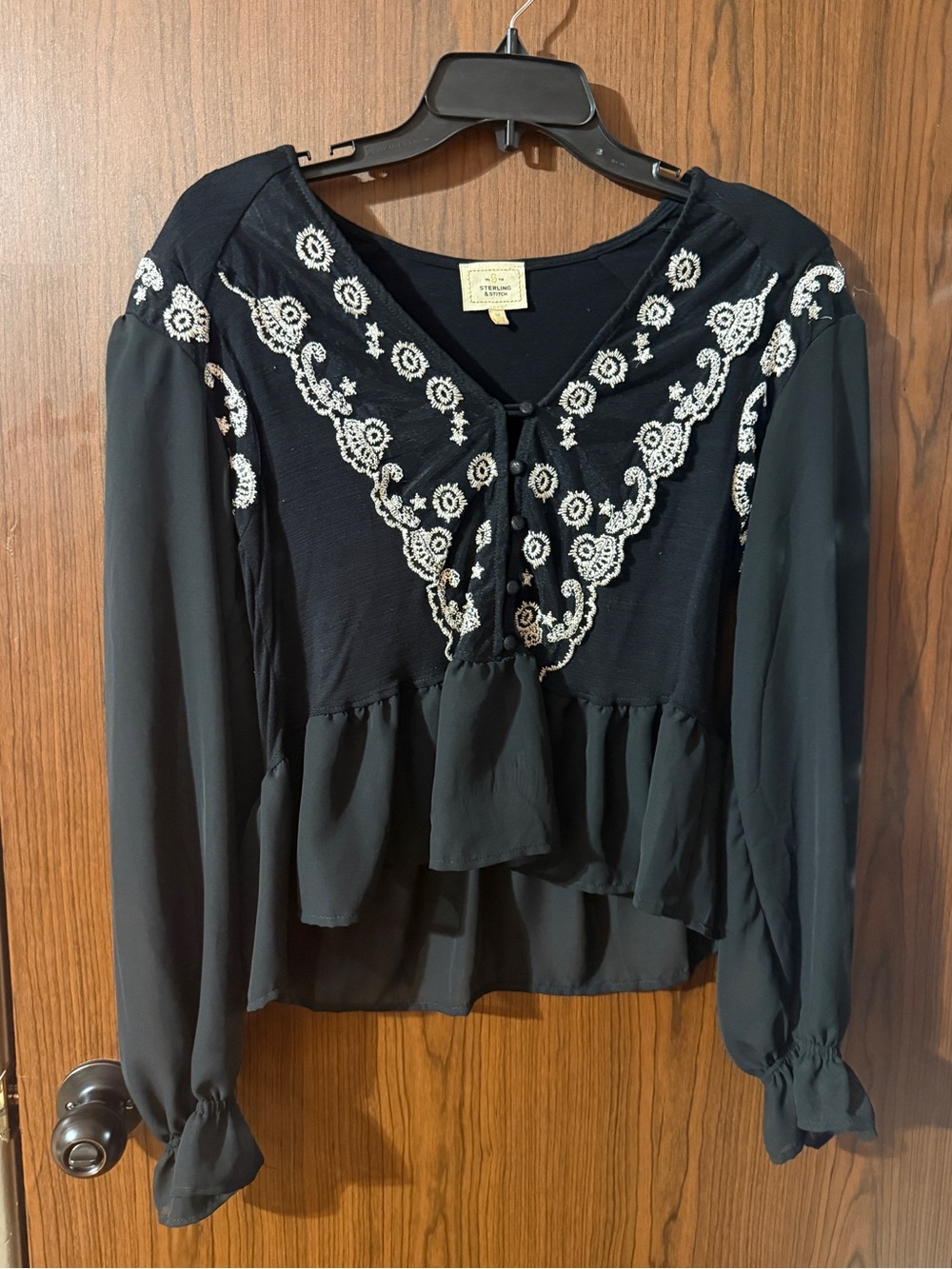 Black Embroidered Peasant Blouse with Ruffle Hem